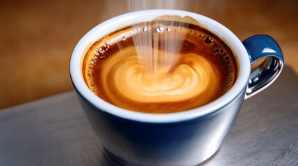 Steaming espresso with latte art in blue mug perfect for morning