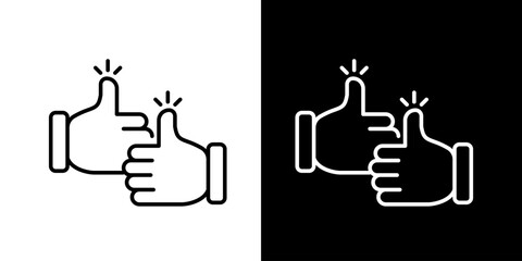 Minimalist line icon of two hands giving thumbs up representing approval success agreement and positive feedback shown in black and white versions