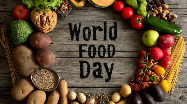 Poster featuring bright fruits and crops arranged in circular frame around text "World Food Day"