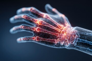 Medical illustration depicting a transparent hand, highlighting bones with a glowing effect