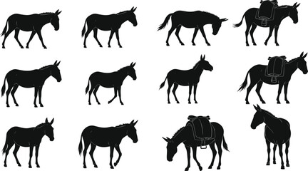 Donkey Silhouette Vector Pack – Farm Animal Icons, Mule Graphics, Saddlebags, Walking Poses, Rural Wildlife for Agriculture and Nature Design