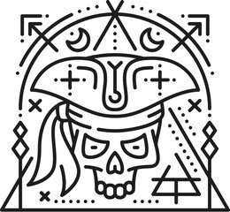 Pirate skull in tricorn hat esoteric line symbol. Pirate sailing esoteric thin line vector sign, corsair magic outline symbol. Buccaneer nautical tarot print or tattoo with dead pirate skull