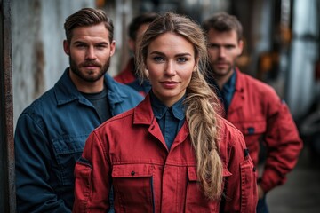 Fototapeta premium Australian Industrial Worker Team in Uniform for Manufacturing and Production. Fictional Character Created By Generative AI