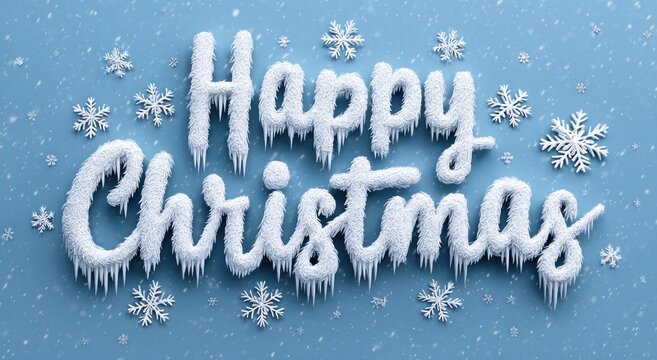 Icy "Happy Christmas" message, decorated with snowflakes on a blue background