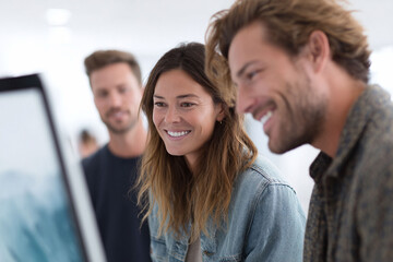 Obraz premium Smiling colleagues work together on a computer, sharing ideas and solutions. Perfect for illustrating teamwork, technology, and business growth.