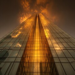 Dramatic Golden Skyscraper Reaching Ominous Cloudy Sky