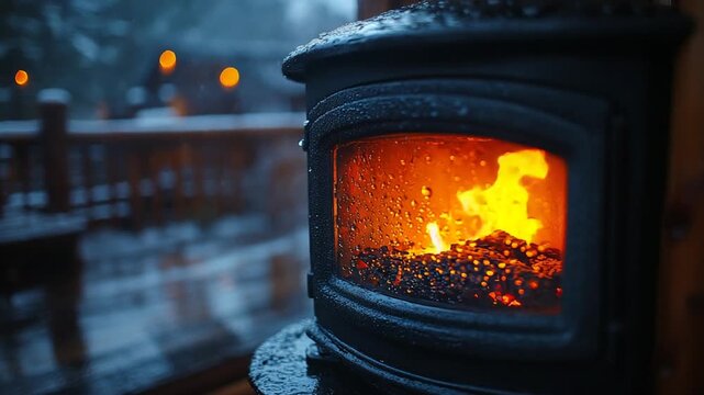 Cozy Wood Burning Stove on a Cold Snowy Evening.