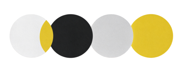 Three overlapping circles of white, black, and yellow