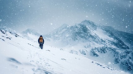Hiker with backpack and trekking poles navigating a challenging snow covered mountain landscape during a winter blizzard, illustrating concepts of adventure, solitude, and endurance