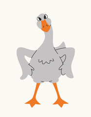 Standing disgruntled goose. Funny bird in linear flat style.