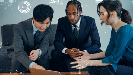 Group of multinational business people talking in office with statistical data