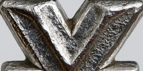 Close-up of textured metal letter v in silver hue