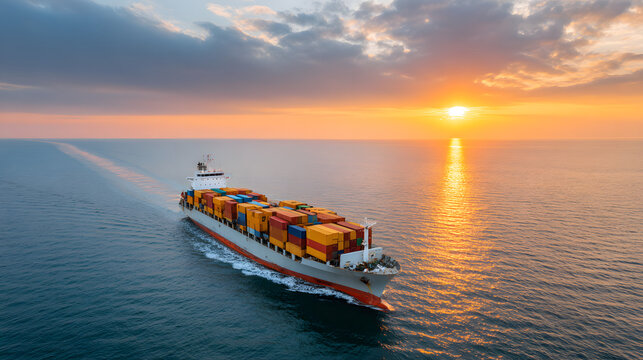 Shipping and Supply Chain for a Sustainable Future at Sunset over the Sea