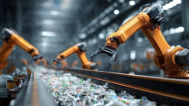 Robotic arms sort thousands of discarded plastic bottles along a long conveyor in a modern recycling facility, showcasing automated waste management and sustainable industry tech - Powered by Adobe