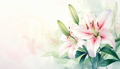 Fototapeta premium Zarter Aquarell-Hintergrund mit weißen und rosafarbenen Lilien