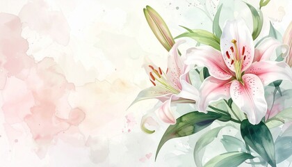 Zarter Aquarell-Hintergrund mit weißen und rosafarbenen Lilien