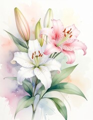 Fototapeta premium Zarter Aquarell-Hintergrund mit weißen und rosafarbenen Lilien