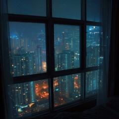 Rainy Cityscape View Through Large Window at Night with Teal and Orange Lights