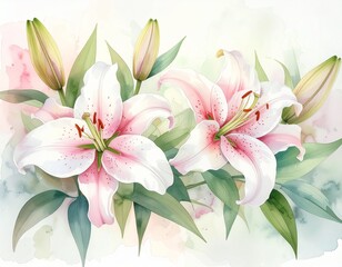 Zarter Aquarell-Hintergrund mit wei&szlig;en und rosafarbenen Lilien