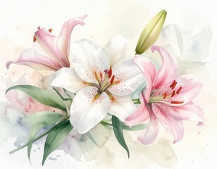 Fototapeta premium Zarter Aquarell-Hintergrund mit weißen und rosafarbenen Lilien