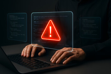 Cybersecurity alert concept with hacker phishing laptop showing warning sign showing cyberattack, malware and code error on screen to indicate a data breach, internet scam, or system threat