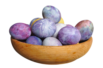 Painted Easter eggs in a wooden container. Cosmic theme. Pastel colors, blue dominance, minimalist egg decoration. Modern, futuristic, sustainable Easter. PNG	
