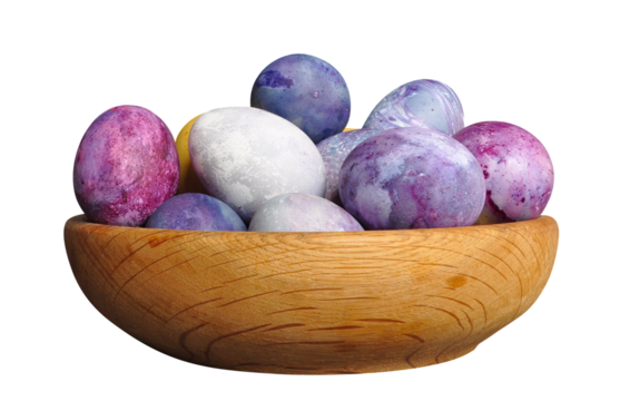 Painted Easter eggs in a wooden container. Cosmic theme. Pastel colors, blue dominance, minimalist egg decoration. Modern, futuristic, sustainable Easter. PNG	
