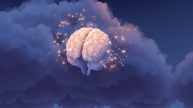 Mindscape: Illuminated cerebral hemisphere amidst a tapestry of dreamy clouds, sparkling with the glow of thoughts and imagination.