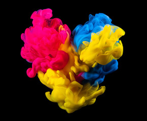 Colorful abstract heart shape formed by swirling smoke and vapor against a dark background