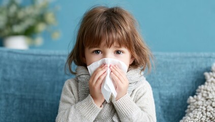 Young child, holding tissue to their nose, suggesting illness, seated on a couch indoors