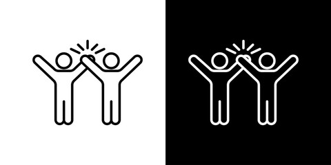 Minimalist line icon of two people high-fiving representing teamwork celebration success cooperation and positive collaboration shown in black and white versions