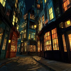 Cozy European City Street with Warm Glowing Windows at Night