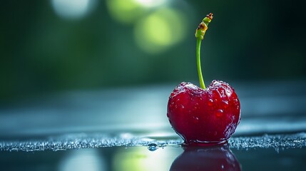 Close up of red cherry with water drops on reflective surface