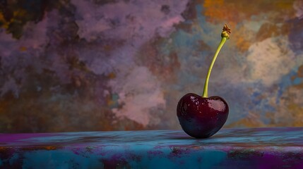 A Single Dark Red Cherry with Stem on Artistic Background for Nutrition Concept