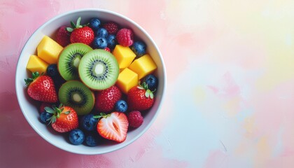 Fruit, vegetables, nuts, cereal, superfood, and leafy vegetables on a gray concrete background make up this healthy, clean-eating assortment.