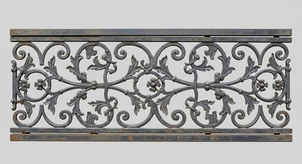 Ornate Iron Railing Section Isolated on White Background Decorative Panel with Floral Motifs, Metal Craftsmanship and Antique Design