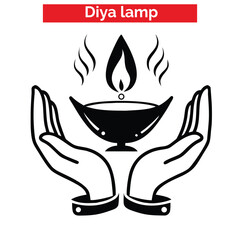 A traditional indian diya oil lamp with a glowing flame and small sparks depicted as a black silhouette isolated on white background