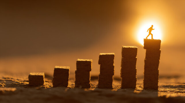 Hopeful silhouette person on step showing career growth success concept. business development and progress idea with sun in background
