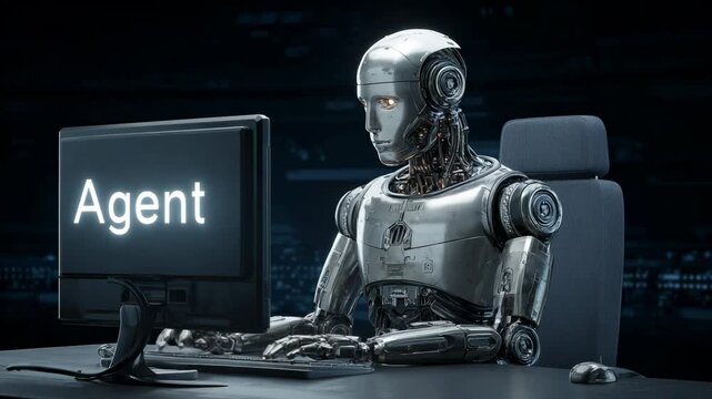 Futuristic robot agent working on computer in dark office representing artificial intelligence technology