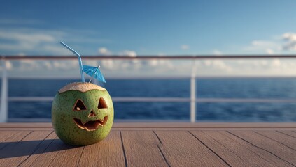 A carved coconut drink with a smiling face, a blue parasol, and a straw on a deck overlooking the sea