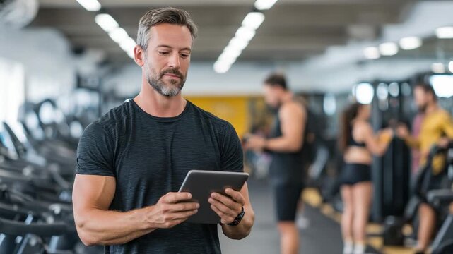 Athletic man with tablet in modern gym surrounded by people training on treadmills and fitness machines