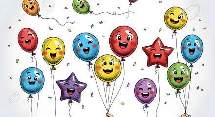 Happy cartoon balloons and stars floating with confetti