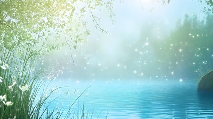 Peaceful nature scene with water, plants, and glowing particles.