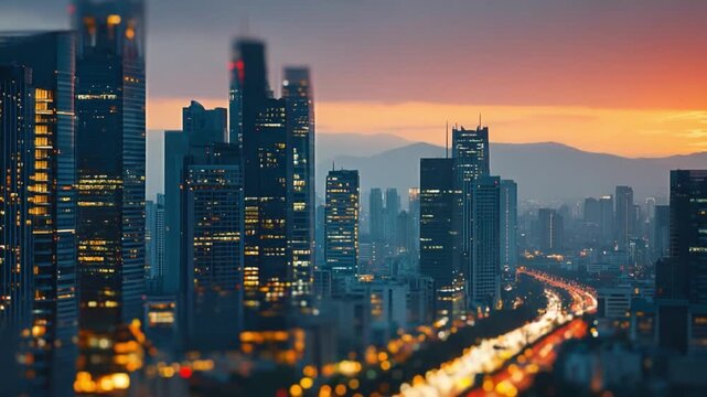 Cityscape Silhouette at Dusk: A stunning skyline emerges as the sun dips below the horizon, the city lights twinkling in the twilight sky, evoking a sense of urban dynamism and peacefulness.