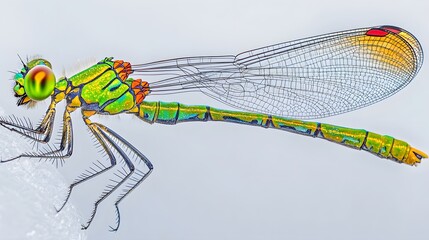 Close up vivid damselfly with intricate wing details, on bright background