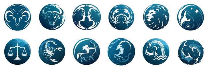 Zodiac signs icons in circular design with blue background, set