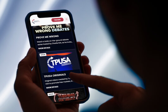 Guilherand-Granges, France - October 6, 2025. Turning Point USA is an American conservative non-profit organization that advocates for its political values on high school and college campuses.