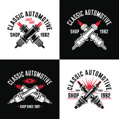 Vintage automotive repair emblem with crossed spark plugs and classic typography for mechanic shop logo or t shirt design