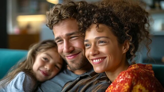 A family cuddling on a sofa, laughing at a movie in their cozy living space, family movie night joy, parents child entertainment, home family happiness, fun family moment, with cop