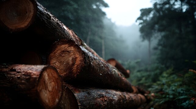 A close up view of a stack of wet freshly cut logs in a dense misty green forest highlighting the natural textures and atmospheric mood - Powered by Adobe